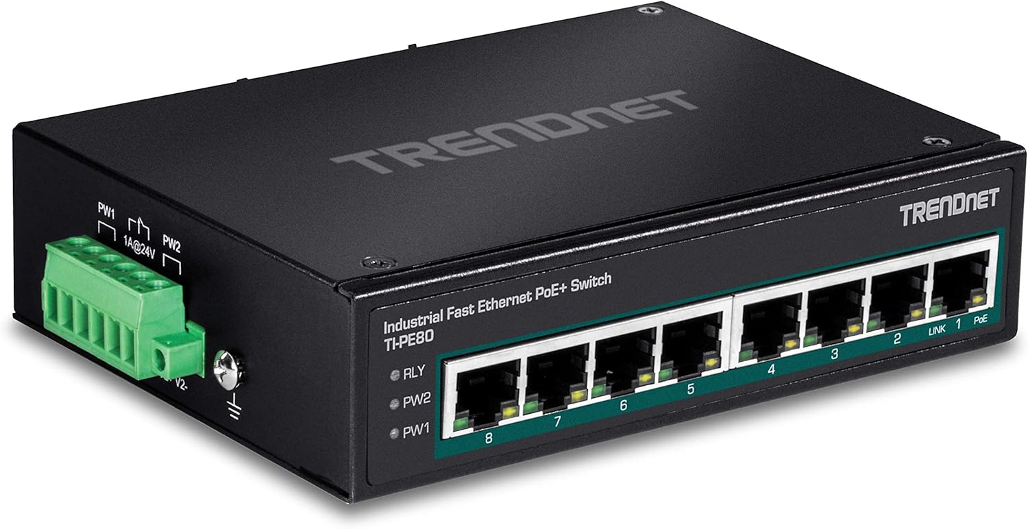 TRENDnet's 8-Port Industrial Fast Ethernet PoE+ DIN-Rail Switch, image